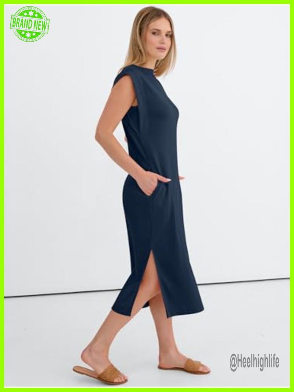 Sleeveless Crewneck Midi Dress Side Pockets Wrinkle-Free Beach Travel - Picture 4 of 7